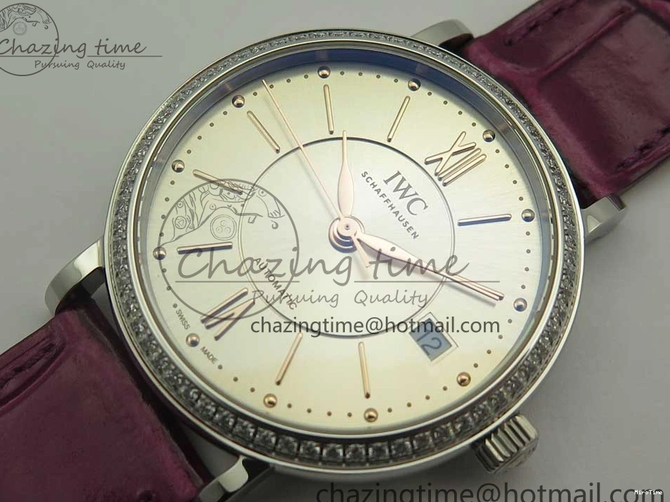 MIROTIME 0113 Portofino IW458101 Diamond Bezel SS MK 1:1 Best Edition Silver Dial On Purple Leather Strap MIYOTA Tailored 7166
